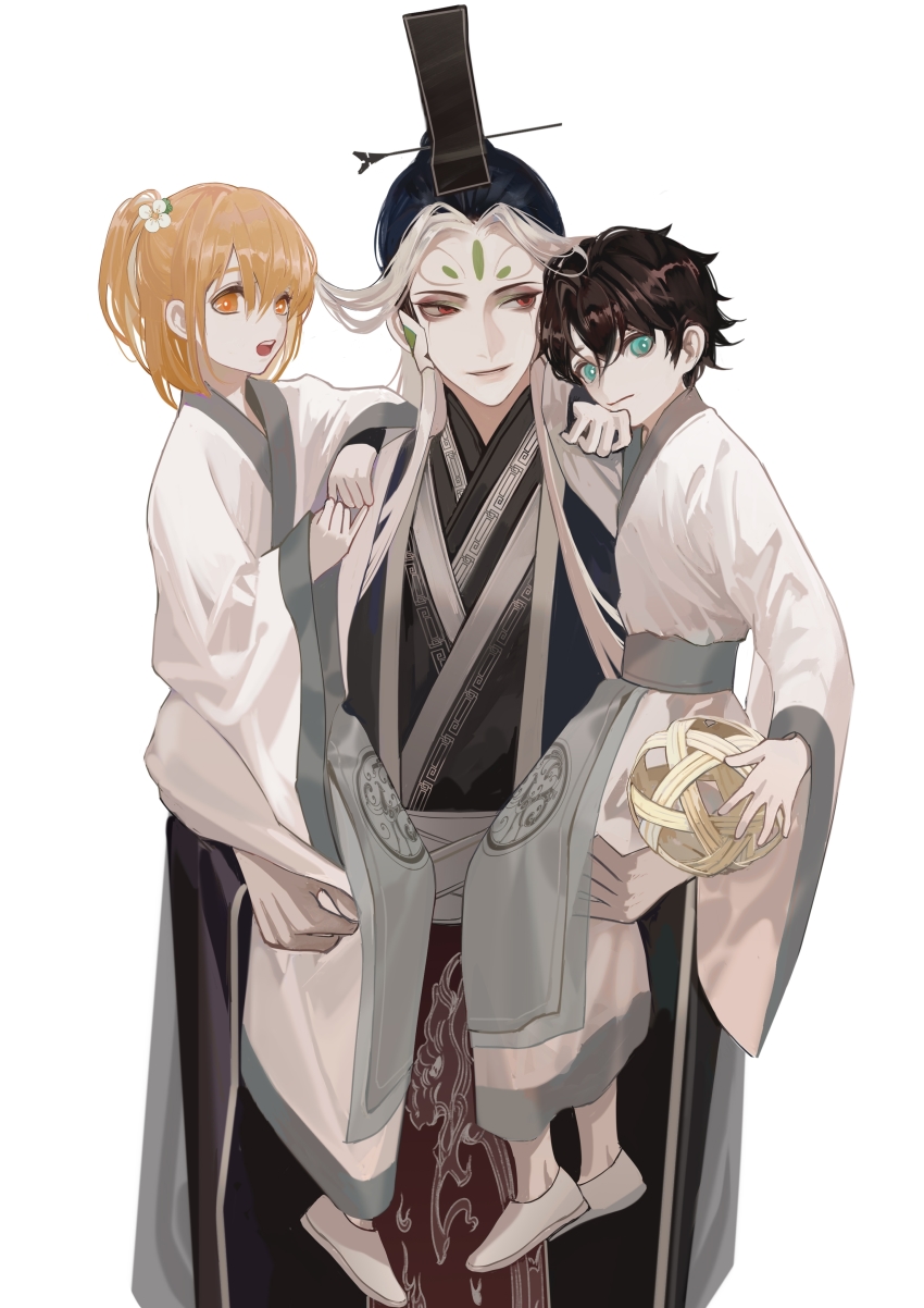 1girl, 2boys, absurdres, age_regression, aged_down, alternate_costume, black_hair, blue_eyes, blue_hair, burusiji, carrying, carrying_person, chinese_clothes, eyeshadow, fate/grand_order, fate_(series), forehead_jewel, fujimaru_ritsuka_(female), fujimaru_ritsuka_(male), guan_hat, hair_ornament, hair_scrunchie, hat, highres, long_hair, looking_at_another, looking_at_viewer, makeup, male_focus, mian_guan, multicolored_hair, multiple_boys, one_side_up, orange_eyes, orange_hair, peacock_feathers, red_eyes, red_eyeshadow, scrunchie, shi_huang_di_(fate), short_hair, side_ponytail, simple_background, smile, two-tone_hair, very_long_hair, white_background, white_hair