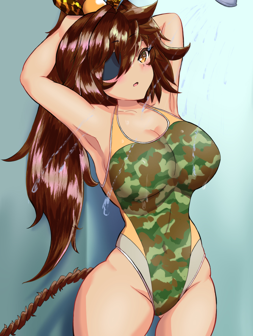 1girl, bombergirl, braid, breasts, brown_hair, camouflage, cleavage, commentary_request