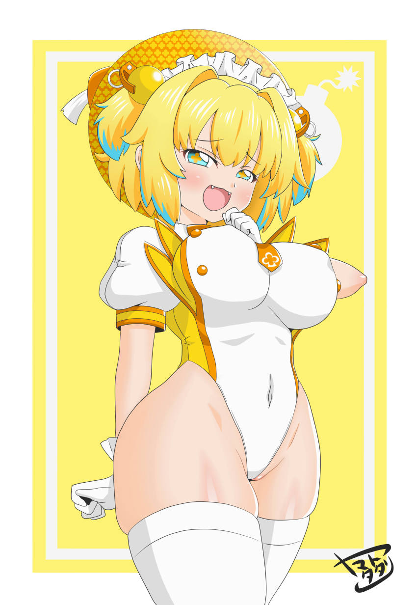 1girl, absurdres, artist_name, blonde_hair, blue_eyes, blue_hair, bombergirl, breasts