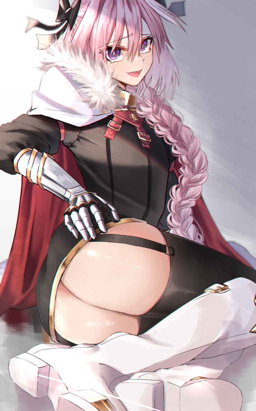 1boy, absurdres, astolfo_(fate), astolfo_(rider)_(fate), blush, bow, braid, cape, cloak, fate/apocrypha, fate/grand_order, fate_(series), fur-trimmed_cloak, fur_collar, fur_trim, hair_bow, hair_intakes, hair_ribbon, highres, long_braid, long_hair, long_sleeves, looking_at_viewer, male_focus, menma_san, multicolored_hair, pink_hair, purple_eyes, red_cape, ribbon, single_braid, smile, solo, streaked_hair, trap