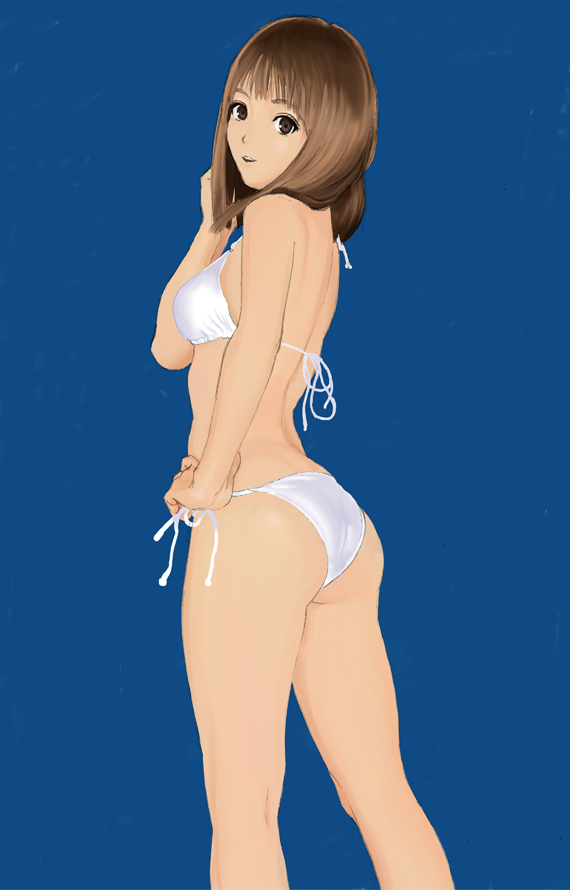 1girl, ass, bad_id, bad_pixiv_id, bikini, brown_eyes, brown_hair, female_focus, looking_back, short_hair, side-tie_bikini_bottom, solo, swimsuit, yamao
