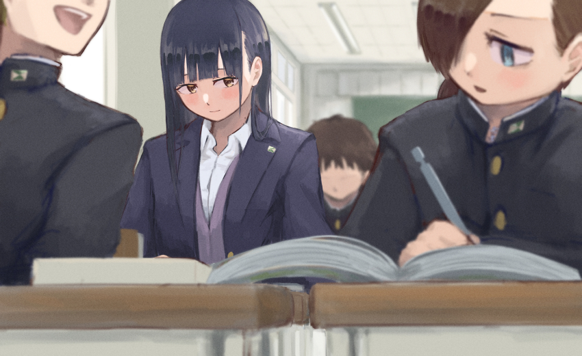 1girl, black_hair, blue_eyes, boku_no_kokoro_no_yabai_yatsu, brown_eyes, brown_hair, desk, highres, ichikawa_kyoutarou, mechanical_pencil, notebook, pencil, school_desk, school_uniform, yamada_anna, zumisan3