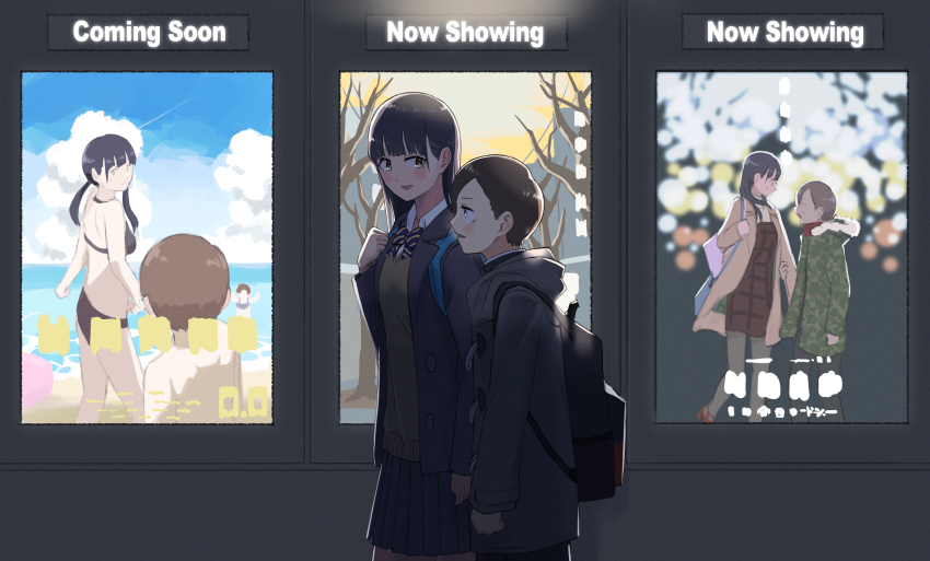 1boy, 1girl, backpack, bag, black_hair, blue_bow, blue_eyes, boku_no_kokoro_no_yabai_yatsu