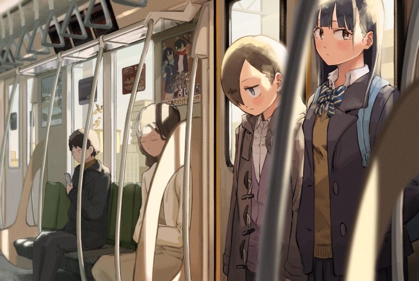 2boys, 2girls, backpack, bag, black_hair, blue_bow, blue_eyes, boku_no_kokoro_no_yabai_yatsu