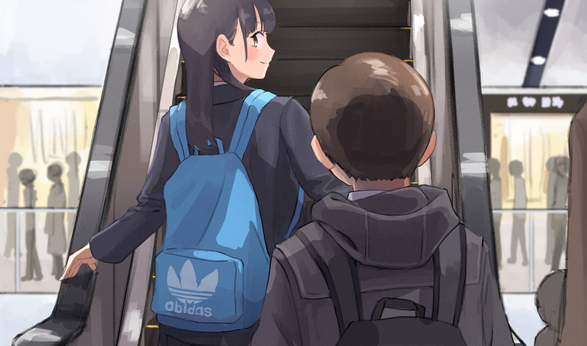 1boy, 1girl, adidas, backpack, bag, black_hair, boku_no_kokoro_no_yabai_yatsu, brown_eyes