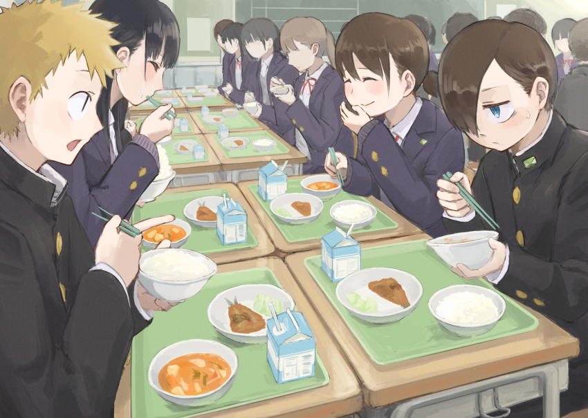 adachi_shou, black_hair, blonde_hair, blue_eyes, boku_no_kokoro_no_yabai_yatsu, bowl, brown_hair, chopsticks