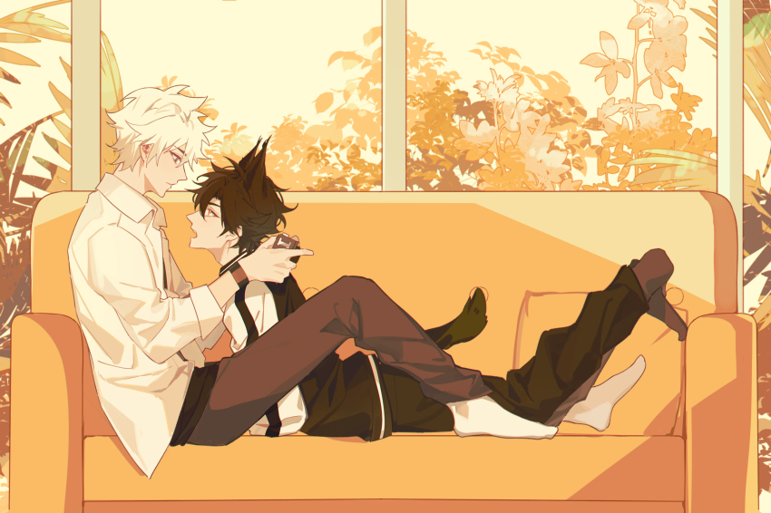 2boys, animal_ears, black_hair, black_jacket, black_pants, black_shirt, brown_eyes, camera