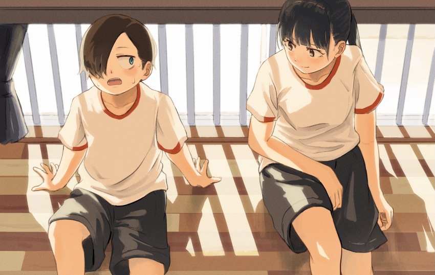 1boy, 1girl, black_hair, blue_eyes, boku_no_kokoro_no_yabai_yatsu, brown_eyes, brown_hair, gym_uniform, highres, ichikawa_kyoutarou, looking_at_another, looking_to_the_side, ponytail, sitting, yamada_anna, zumisan3