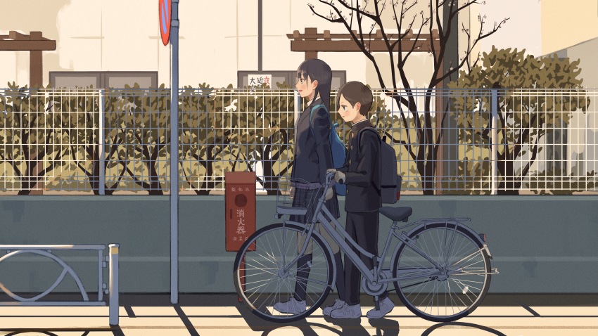 1boy, 1girl, absurdres, backpack, bag, bicycle, black_hair, blue_eyes