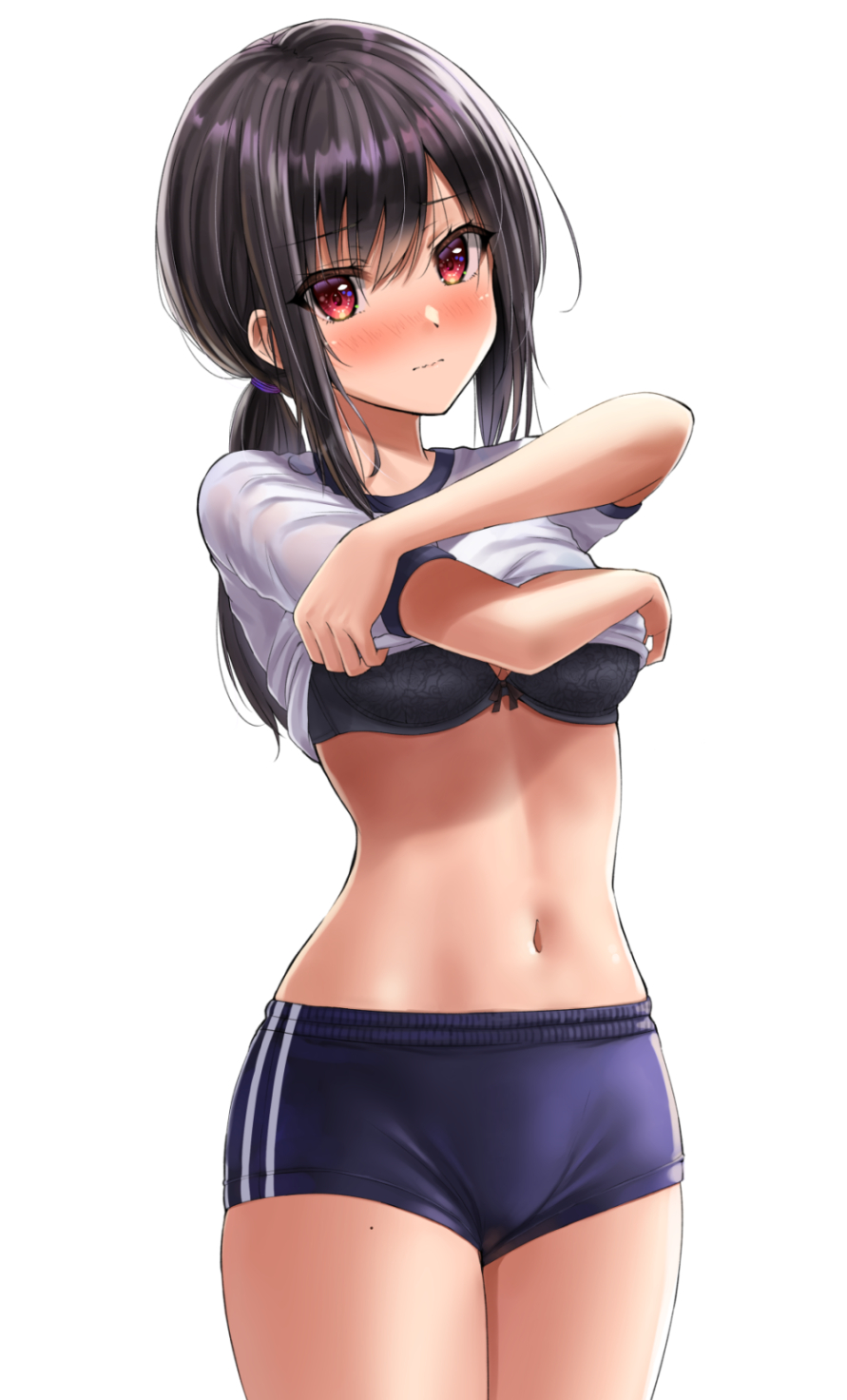 1girl, black_bra, black_hair, blue_buruma, bra, buruma, clothes_lift, commentary_request, cowboy_shot, embarrassed, gym_shirt, gym_uniform, highres, long_hair, looking_at_viewer, navel, original, red_eyes, shirt, shirt_lift, short_sleeves, simple_background, standing, underwear, undressing, white_background, white_shirt, yukemuriganmo