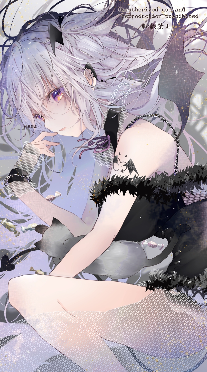 1girl, absurdres, cat, demon_girl, demon_tail, demon_wings, ear_piercing, halloween