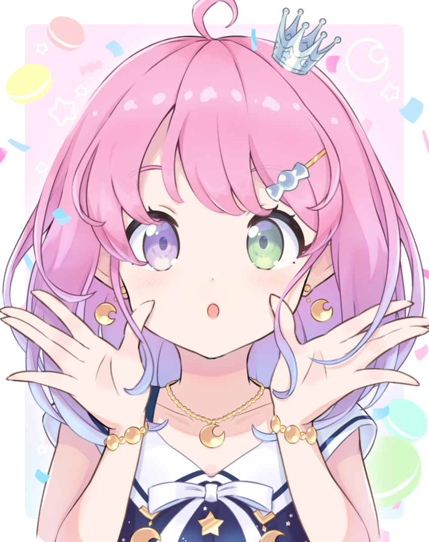 1girl, :o, ahoge, bow, bowtie, bracelet, candy_hair_ornament, crescent, crescent_earrings, crescent_necklace, crown, earrings, food-themed_hair_ornament, gorirasaru440, gradient_hair, green_eyes, grey_crown, hair_ornament, hairclip, heterochromia, highres, himemori_luna, himemori_luna_(sundress), hololive, jewelry, looking_at_viewer, medium_hair, mini_crown, multicolored_hair, necklace, pink_hair, princess, purple_eyes, purple_hair, sailor_collar, solo, tilted_headwear, virtual_youtuber, white_bow, white_bowtie