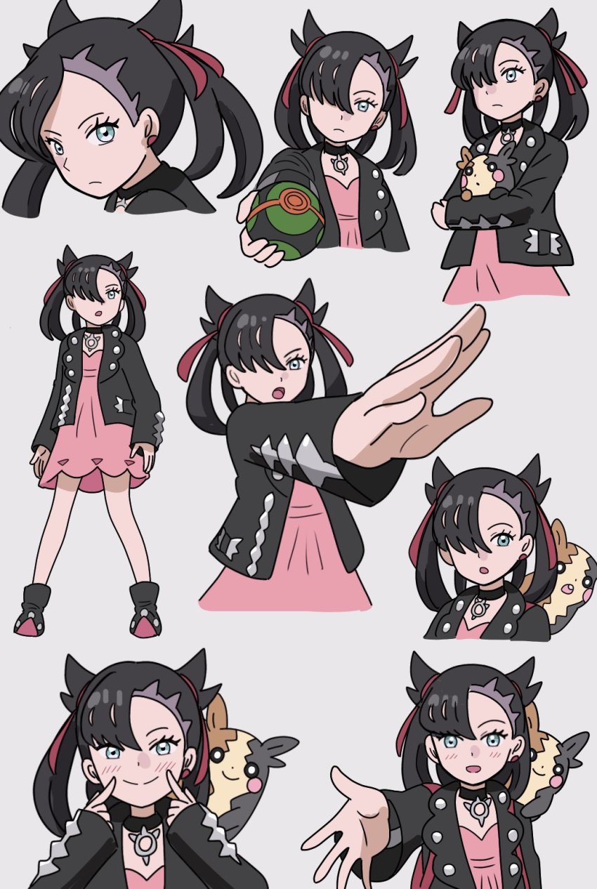 1girl, ankle_boots, asymmetrical_bangs, black_choker, black_footwear, black_hair, black_jacket, black_nails