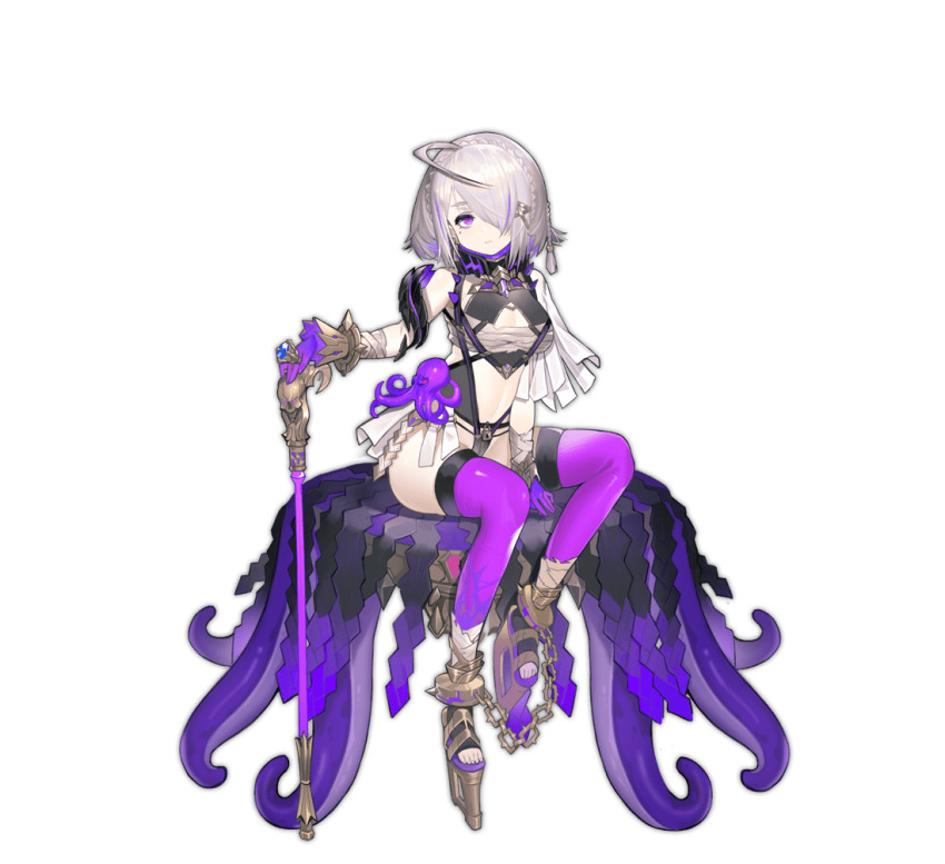 1girl, ahoge, ark_order, bandaged_arm, bandages, black_panties, braid, cane, chain, crown, crown_braid, cthylla_(ark_order), cuffs, gloves, grey_hair, hair_ornament, hair_over_one_eye, jellyfish, jewelry, medium_hair, mini_crown, octopus, official_art, panties, platform_footwear, pppppan, purple_gloves, purple_thighhighs, ring, sarashi, side_braid, solo, tachi-e, tentacles, thighhighs, thong, toeless_footwear, transparent_background, underwear, x_hair_ornament