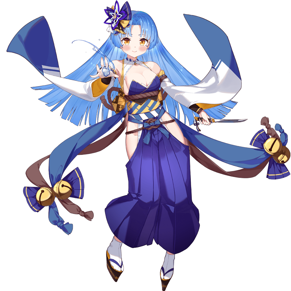 1girl, ark_order, artist_request, bell, blue_hair, blue_hakama, blue_pants, breasts, cleavage, dagger, detached_sleeves, hair_ornament, hakama, hakama_pants, holding, holding_dagger, holding_knife, holding_weapon, japanese_clothes, jingle_bell, kinomata_no_kami_(ark_order), knife, large_breasts, long_sleeves, looking_at_viewer, official_art, okobo, pants, platform_sandals, rope, sandals, sash, smile, solo, tabi, tachi-e, transparent_background, water, weapon, white_legwear, wide_sleeves, yellow_eyes