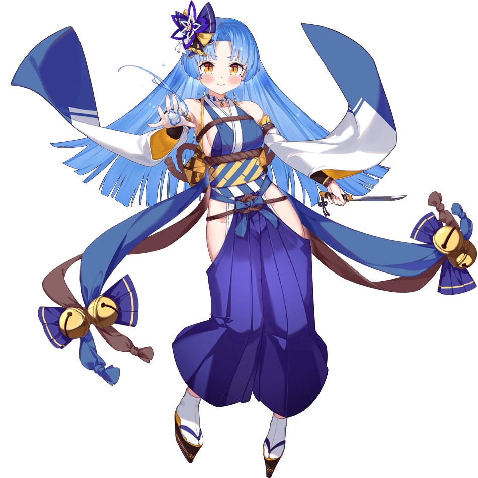 1girl, ark_order, artist_request, bell, blue_hair, blue_hakama, blue_pants, breasts