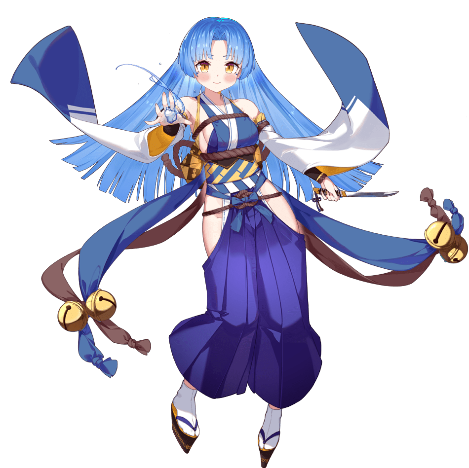 1girl, ark_order, artist_request, bell, blue_hair, blue_hakama, blue_pants, breasts