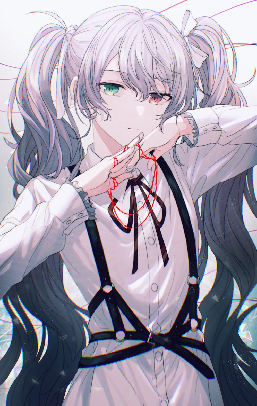 1girl, 25-ji_miku, chest_harness, collared_dress, dress, expressionless, frilled_dress, frills, green_eyes, grey_hair, hair_ribbon, harness, hatsune_miku, heterochromia, highres, pink_eyes, project_sekai, ribbon, solo, string, string_of_fate, vocaloid, white_dress, white_ribbon, ye_(pixiv4862539)