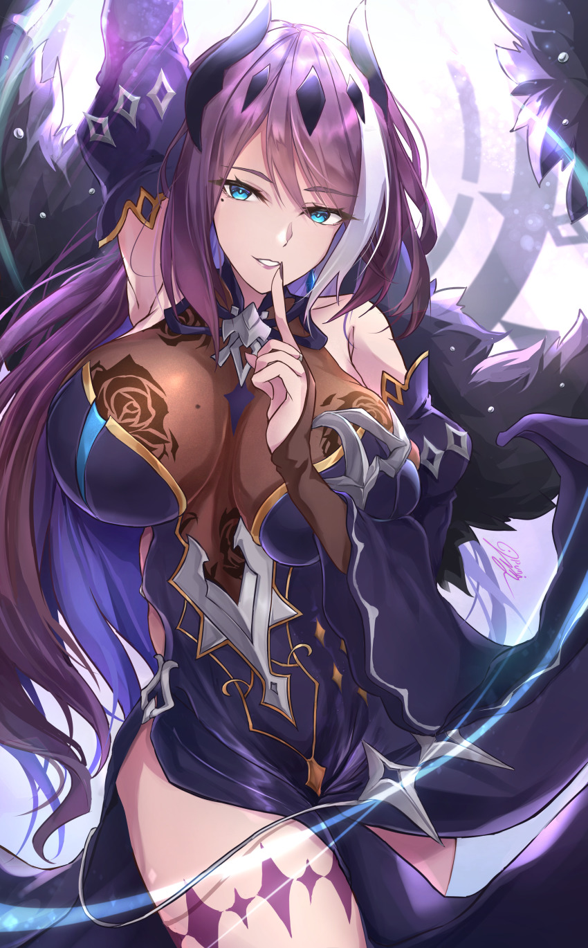 1girl, absurdres, blue_eyes, breasts, cleavage, dress, epic_seven, finger_to_mouth, highres, large_breasts, leotard, looking_to_the_side, mole, mole_under_eye, multicolored_hair, pale_skin, punimon_(user_ymmd3824), purple_hair, revealing_clothes, shushing, smile, solo, tattoo, thighs, vivian_(epic_seven), white_hair