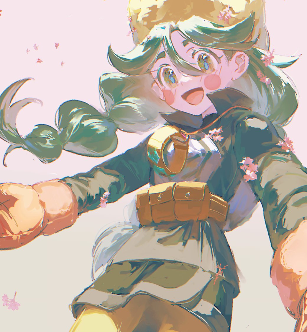 1girl, :d, blush_stickers, commentary_request, eyelashes, floating_hair, fur_hat, green_eyes