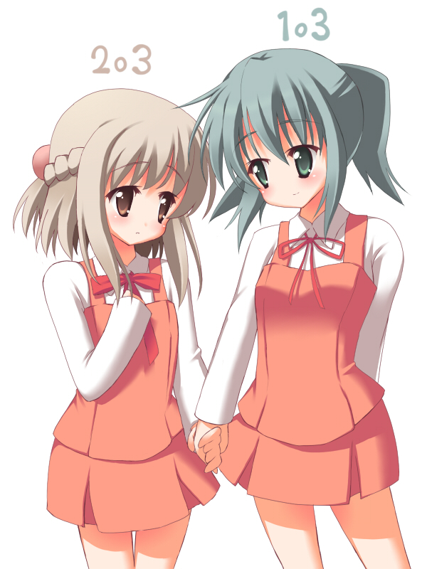 2girls, half_updo, hidamari_sketch, holding_hands, multiple_girls, nazuna_(hidamari_sketch), nori_(hidamari_sketch), school_uniform