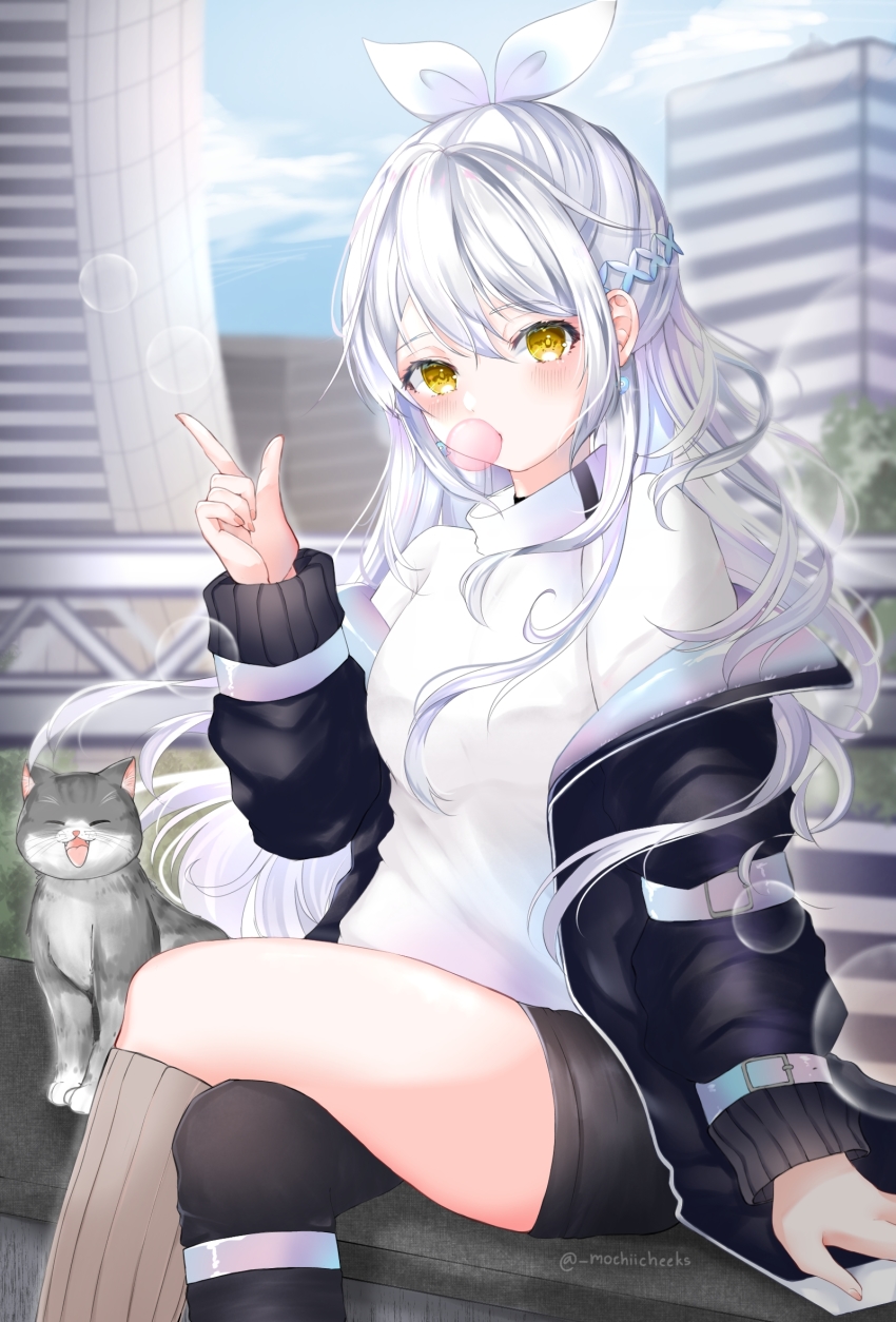 1girl, ^_^, black_jacket, black_shorts, breasts, building, cat, closed_eyes, crossed_legs, finger_gun, hair_ribbon, head_tilt, highres, jacket, looking_at_viewer, medium_breasts, mochiicheeks, off_shoulder, open_mouth, qualia_qu, re:act, ribbon, shorts, single_leg_pantyhose, sitting, sky, solo, thighs, virtual_youtuber, white_hair, yellow_eyes