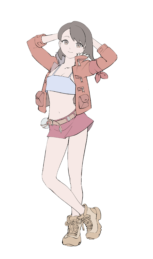 1girl, alternate_costume, arm_ribbon, arms_behind_head, belt, boots, breasts, brown_belt, brown_boots, brown_eyes, brown_hair, cleavage, closed_mouth, collarbone, crossed_ankles, expedition_uniform, full_body, fur-trimmed_jacket, fur_trim, gloria_(pokemon), grey_shirt, jacket, looking_at_viewer, midriff, navel, nintendo, orange_jacket, pokemon, pokemon_sword_and_shield, red_skirt, ribbon, shirt, short_hair, simple_background, skirt, smile, solo, standing, three-quarter_sleeves, white_background, yugen99