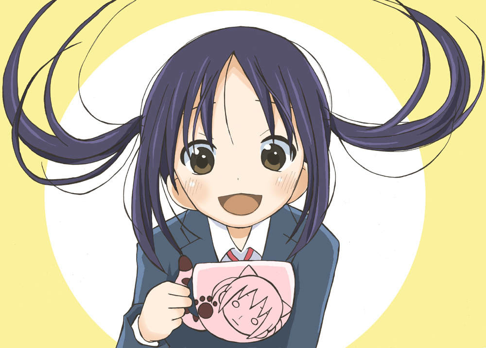 1girl, :d, black_hair, brown_eyes, cup, female_focus, floating_hair, itesu