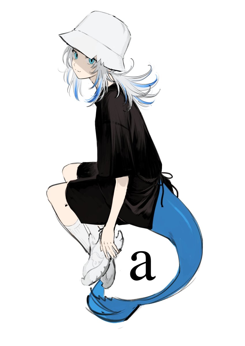 1girl, a_(phrase), absurdres, alternate_costume, black_shirt, black_shorts, blue_eyes, blue_hair, bucket_hat, casual, catchphrase, closed_mouth, commentary, dt_777_tb, fang, fins, fish_tail, flat_chest, from_side, full_body, gawr_gura, hat, highres, hololive, hololive_english, invisible_chair, light_smile, looking_at_viewer, medium_hair, multicolored_hair, ribbed_legwear, shark_tail, shirt, shoes, shorts, silver_hair, simple_background, sitting, skin_fang, sneakers, socks, solo, streaked_hair, tail, two-tone_hair, virtual_youtuber, white_background, white_hat, white_shoes, white_socks