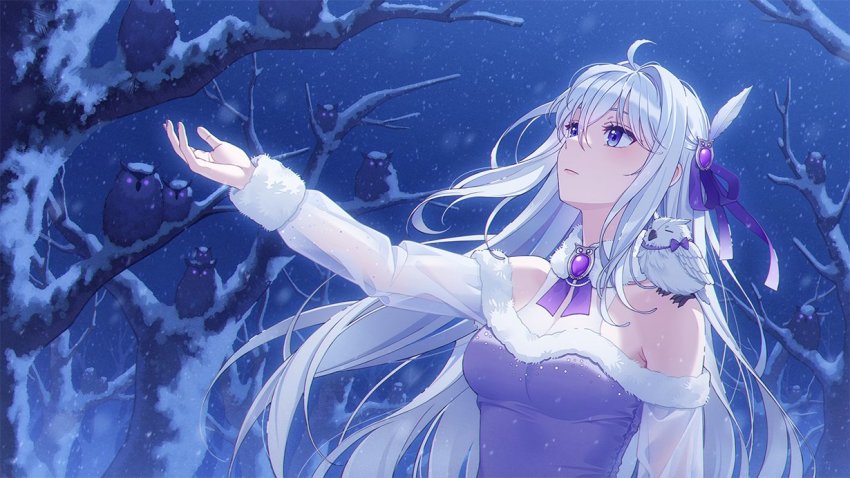 1girl, animal, animal_on_shoulder, bare_shoulders, bare_tree, bird, bird_on_shoulder, blue_eyes