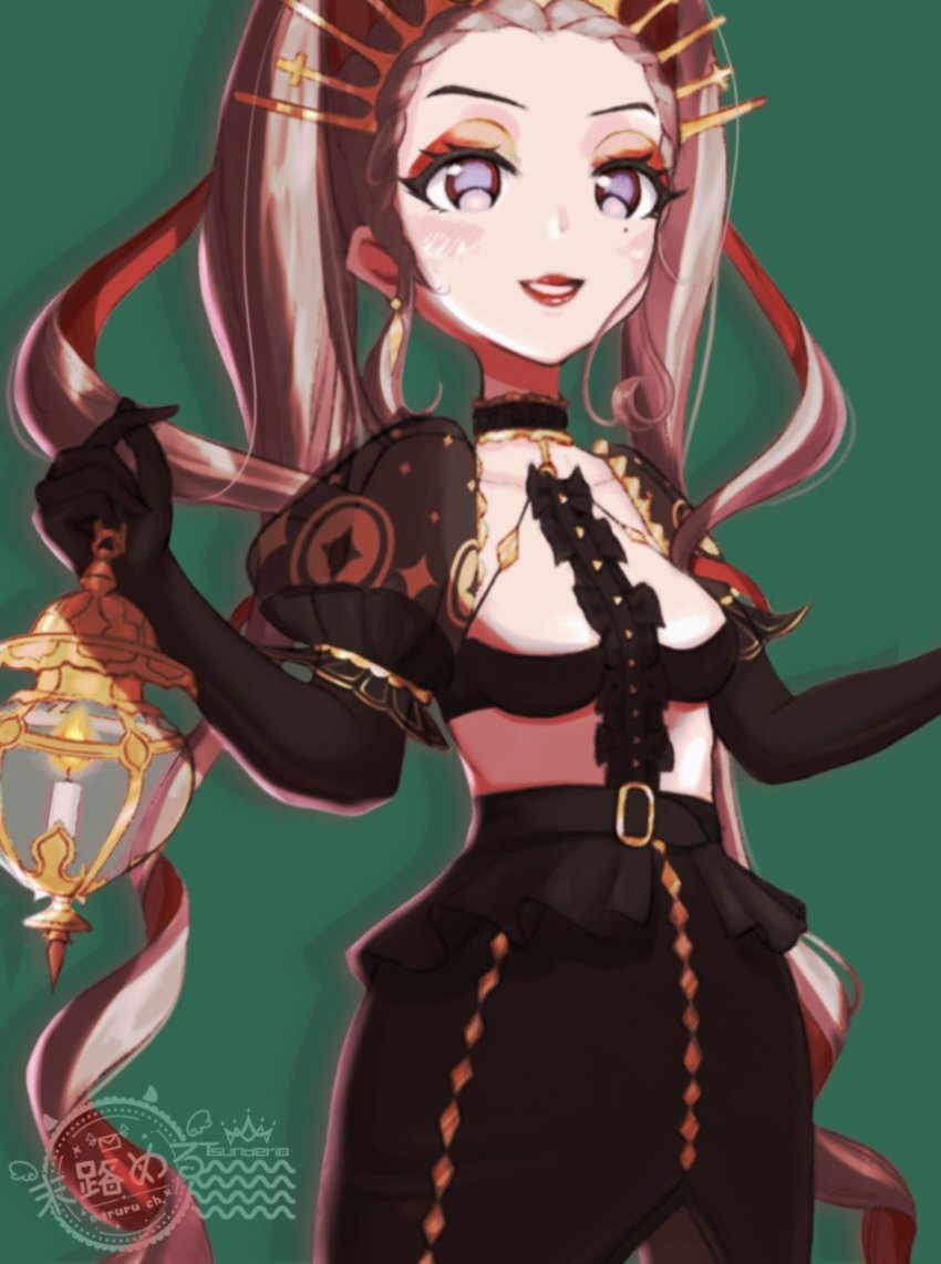 1girl, artist_name, black_skirt, breasts, collarbone, colored_inner_hair, copyright_name, detached_sleeves