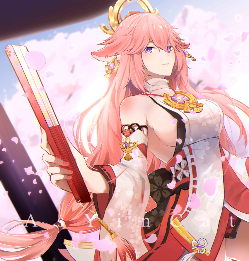 1girl, absurdres, animal_ears, as_yinshimao, bare_shoulders, blush, breasts, cherry_blossoms