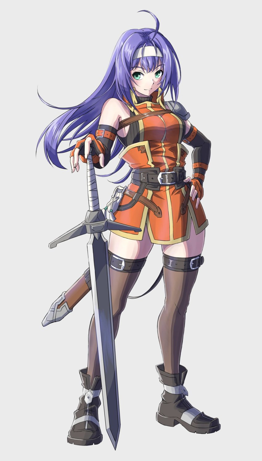 1girl, ahoge, armor, bare_shoulders, belt, black_gloves, black_shoes, breasts, commentary, dress, elbow_gloves, fire_emblem, fire_emblem:_path_of_radiance, fire_emblem_heroes, full_body, funami_dingo, gloves, green_eyes, grey_background, grey_belt, grey_thighhighs, hairband, highres, long_hair, looking_at_viewer, mia_(fire_emblem), nintendo, official_alternate_costume, orange_dress, pauldrons, planted, planted_sword, planted_weapon, purple_hair, scabbard, sheath, shoes, short_dress, shoulder_armor, simple_background, sleeveless, sleeveless_dress, small_breasts, smile, solo, standing, sword, thighhighs, weapon, white_hairband, zettai_ryouiki
