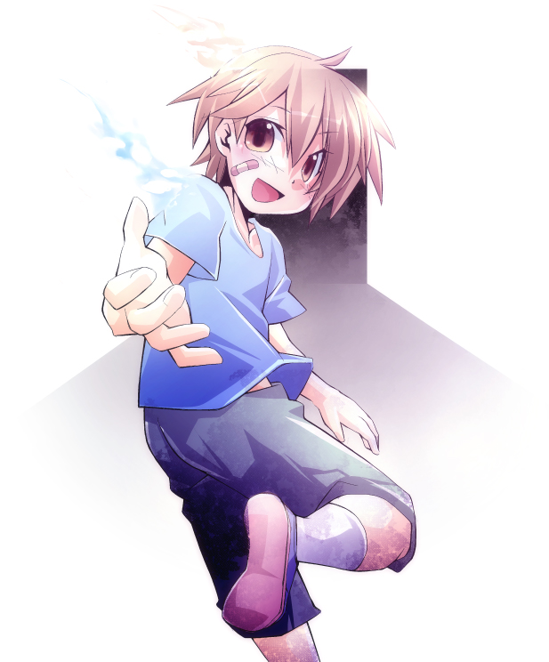 1boy, bandaid, bandaid_on_face, blonde_hair, corpse_party, corpse_party_cross_fear, kanemoto_seita, looking_back
