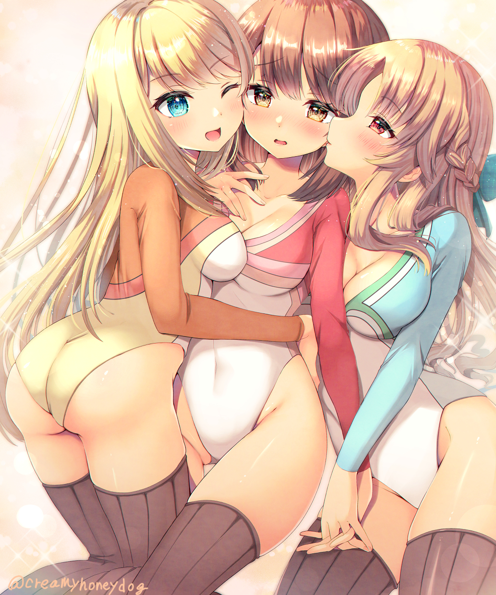 3girls, ass, athletic_leotard, blonde_hair, blue_eyes, braid, brown_eyes, brown_hair, brown_legwear, chloe_lemaire, commentary_request, crown_braid, girl_sandwich, girlfriend_(kari), highleg, highleg_leotard, highres, holding_hands, hug, leotard, long_hair, matching_outfits, multiple_girls, one_eye_closed, ribbed_legwear, ribbed_thighhighs, sandwiched, sasahara_nonoka, shina_kokomi, shindoi_akio, short_hair, thighhighs, yuri