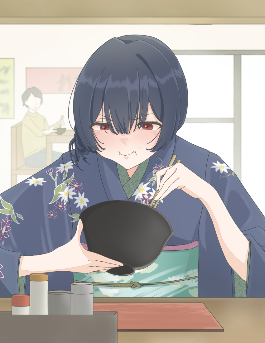 1girl, blue_hair, blue_kimono, blush, bowl, chopsticks, closed_mouth, eating