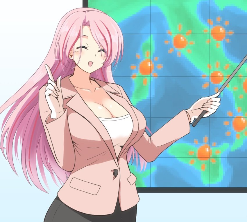 1girl, alternate_costume, black_skirt, blush, breasts, cleavage, closed_eyes, ear_piercing