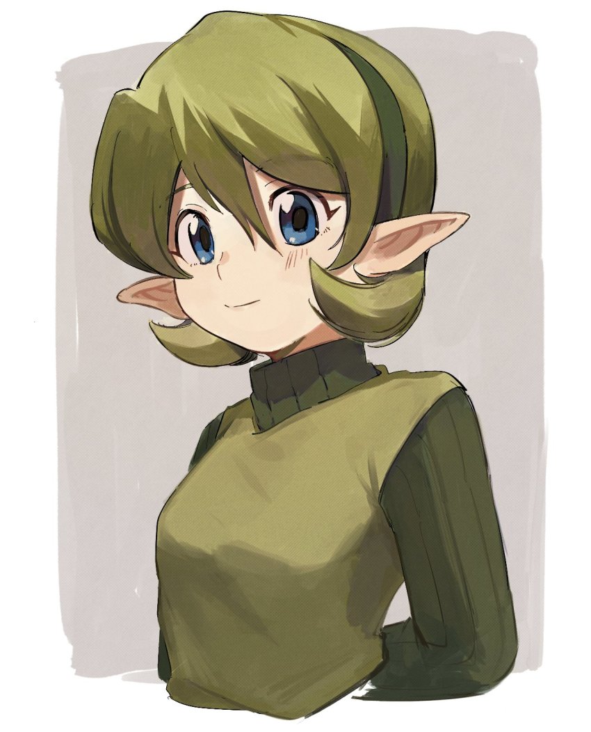 1girl, blue_eyes, blush, green_hair, green_vest, grey_background, hair_between_eyes, hairband, hakushaku_(hakus_1128), highres, light_smile, long_sleeves, nintendo, pointy_ears, saria_(zelda), short_hair, solo, the_legend_of_zelda, the_legend_of_zelda:_ocarina_of_time, vest, white_background