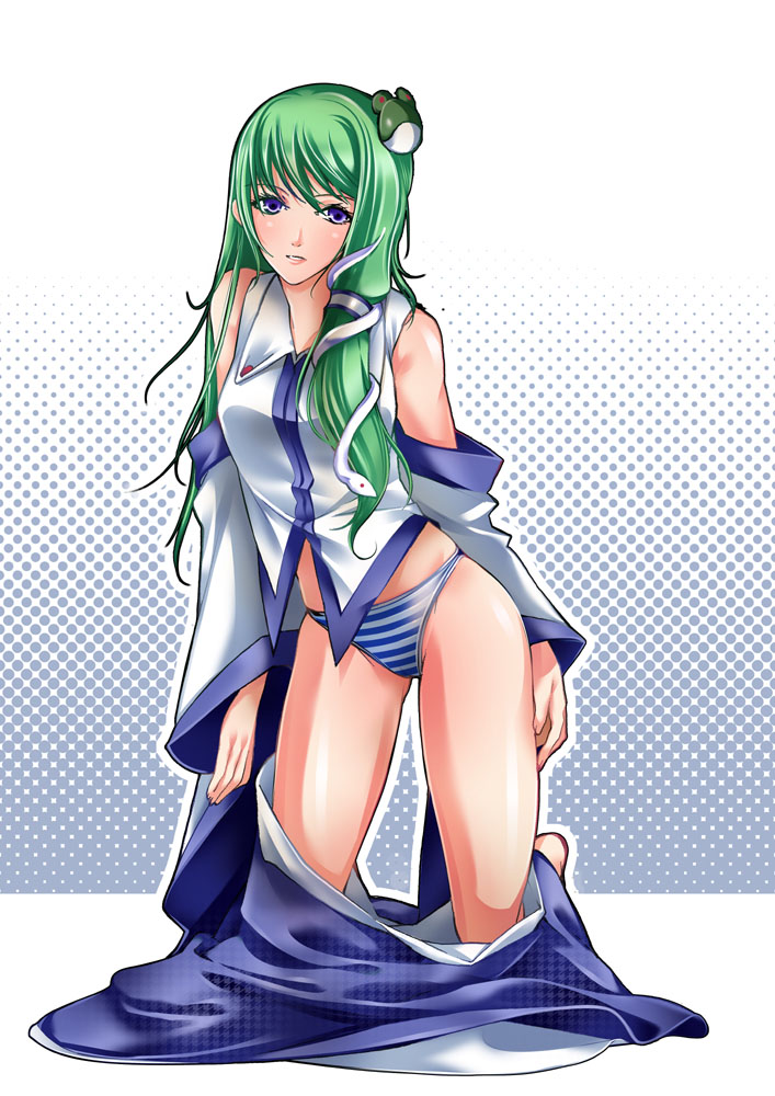 1girl, detached_sleeves, female_focus, frog, green_hair, hair_ornament, japanese_clothes, kochiya_sanae