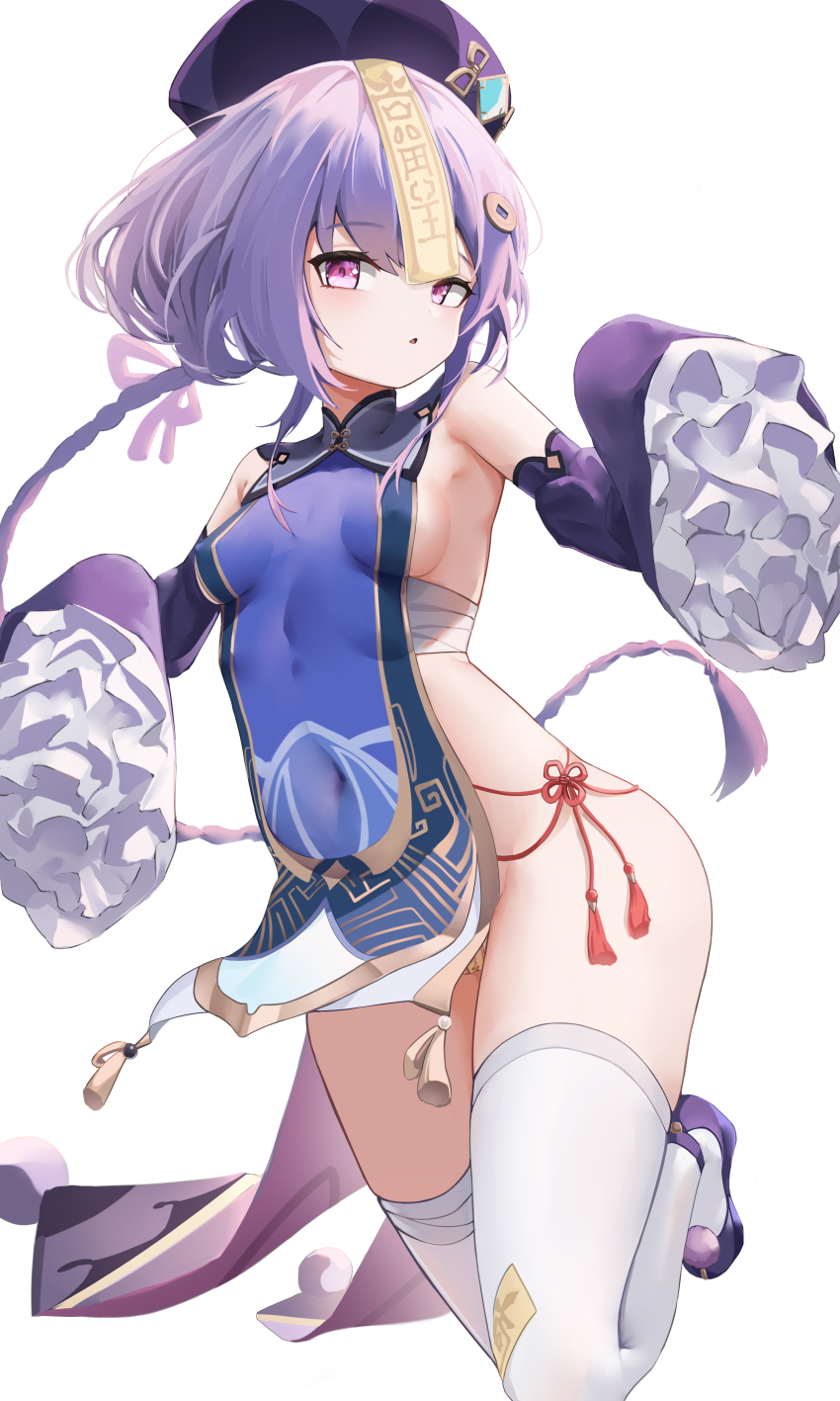 1girl, absurdres, alternate_costume, berserker_r, breasts, chinese_clothes, chinese_knot, coin, covered_navel, frilled_sleeves, frills, genshin_impact, gold_trim, highres, holed_coin, jiangshi, long_hair, long_sleeves, looking_at_viewer, ofuda, ofuda_on_clothes, purple_eyes, purple_hair, qiqi_(genshin_impact), red_rope, rope, sarashi, small_breasts, solo, standing, standing_on_one_leg, tassel, thighhighs, thighs, white_thighhighs, wide_sleeves, zombie