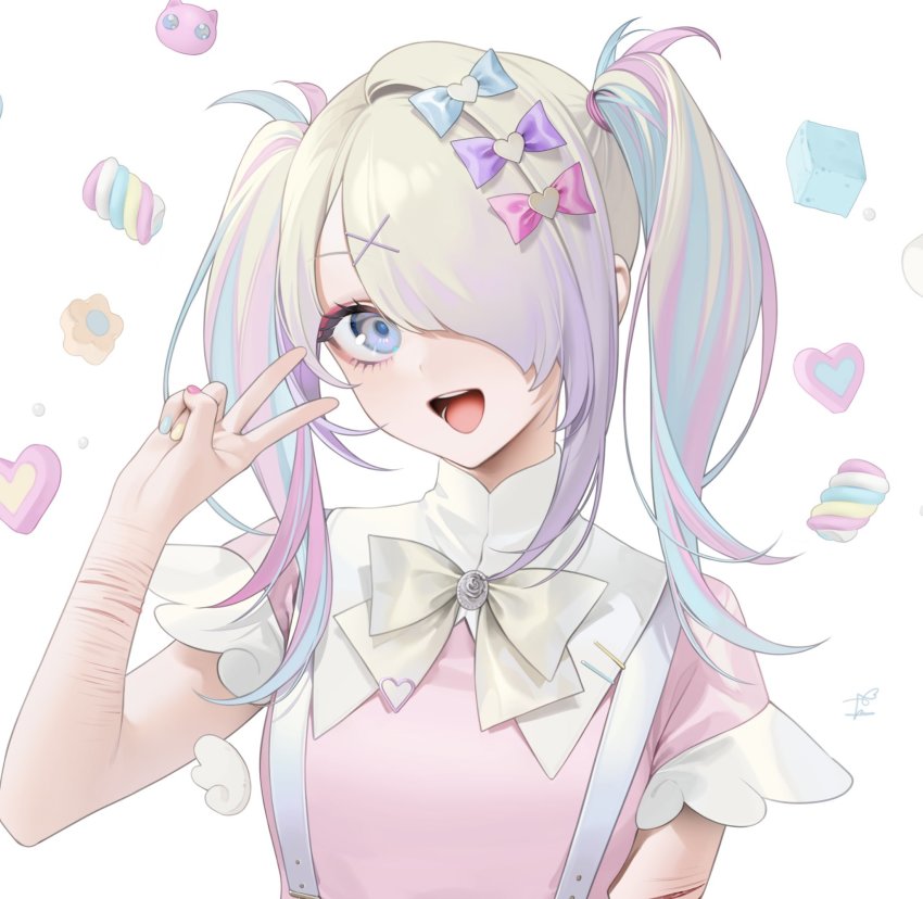 1girl, :d, ame-chan_(needy_girl_overdose), blue_bow, bow, bowtie, candy, chou_ame-chan_(needy_girl_overdose), chouzetsusaikawa_tenshi-chan, cuts, food, fusion, grey_bow, grey_bowtie, hair_bow, hair_ornament, hair_over_one_eye, hand_up, heart, heart_hair_ornament, highres, injury, long_hair, nail_polish, needy_girl_overdose, ohisashiburi, open_mouth, pink_bow, pink_hair, pink_nails, purple_bow, scar, self-harm, self-harm_scar, shirt, short_sleeves, smile, solo, tongue, twintails, v, white_background, white_shirt, wrist_cutting, x_hair_ornament