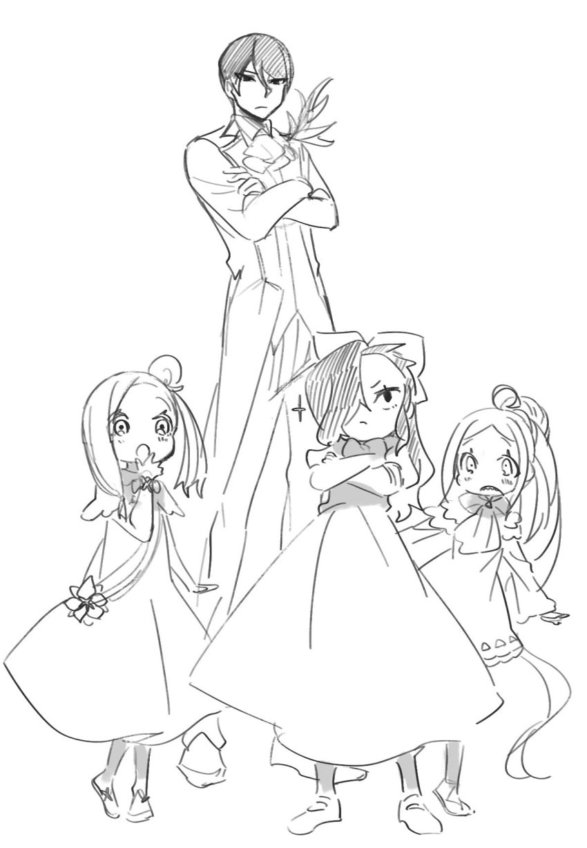 2boys, 2girls, ascot, black_eyes, black_hair, blonde_hair, child, coat