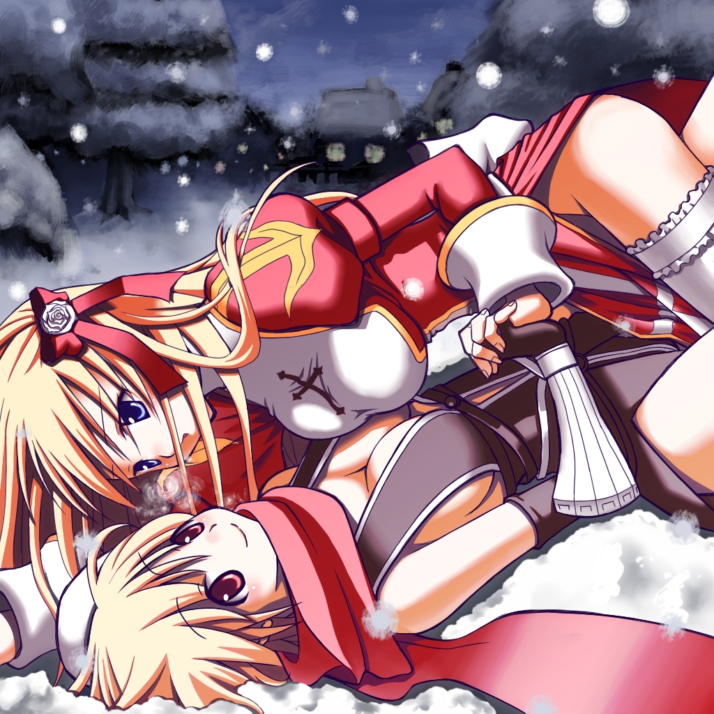 2girls, assassin_cross_(ragnarok_online), bad_id, bad_pixiv_id, blonde_hair, blue_eyes, breath, holding_hands, high_priest_(ragnarok_online), multiple_girls, ragnarok_online, red_eyes, red_scarf, sakakura_(sariri), scarf, snow, thighhighs, yuri