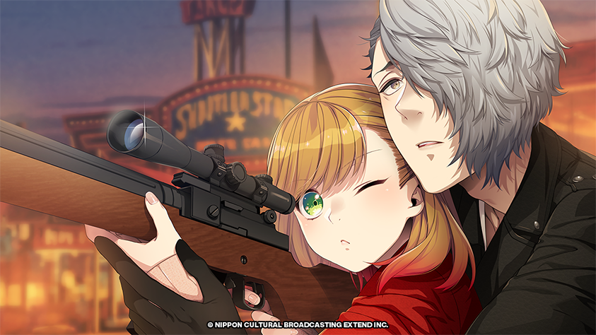 1boy, 1girl, black_gloves, black_jacket, blonde_hair, bustafellows, carnival, finger_on_trigger, game_cg, gloves, green_eyes, gun, hair_over_one_eye, hand_grab, jacket, multicolored_hair, official_art, one_eye_closed, pink_sweater, red_jacket, rifle, scope, shu_(bustafellows), sumeragi_kohaku, sweater, teuta_(bustafellows), weapon, white_hair, yellow_eyes