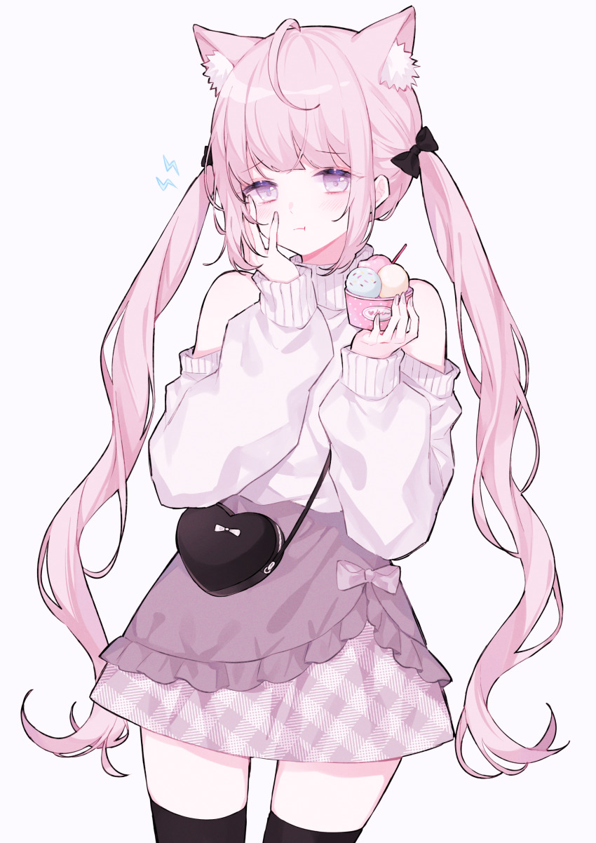 1girl, :t, absurdres, ahoge, animal_ear_fluff, animal_ears, bag, bare_shoulders, black_bow, black_thighhighs, bow, cat_ears, commentary, cowboy_shot, eating, eyes_visible_through_hair, food, hair_bow, hand_on_own_face, handbag, hands_up, highres, holding, ice_cream, light_blush, long_hair, looking_at_viewer, off-shoulder_sweater, off_shoulder, pink_hair, purple_eyes, sidelocks, simple_background, skirt, solo, sweater, untranslatable_commentary, thighhighs, ting_(tingiiio), twintails, white_sweater, zettai_ryouiki