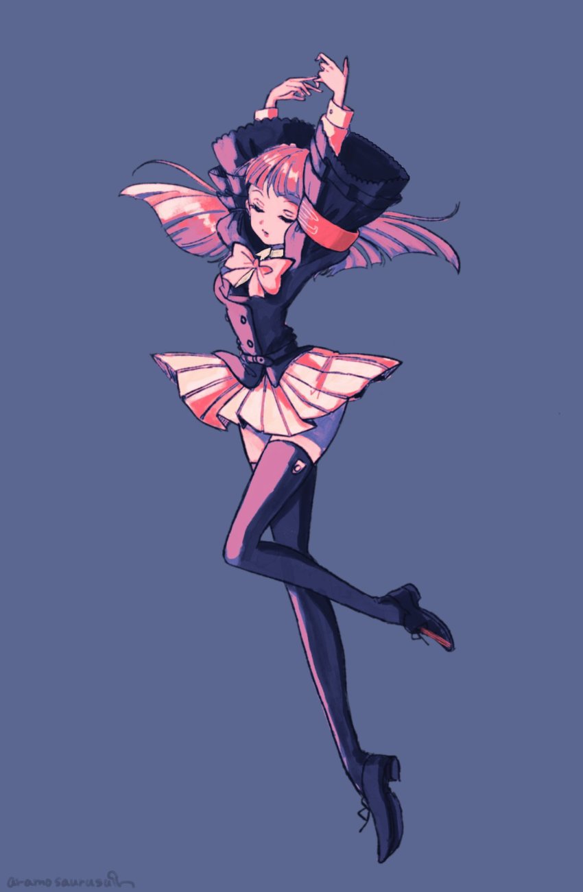 1girl, aramosaurus, armband, arms_up, black_thighhighs, blazer, blue_background, blunt_bangs