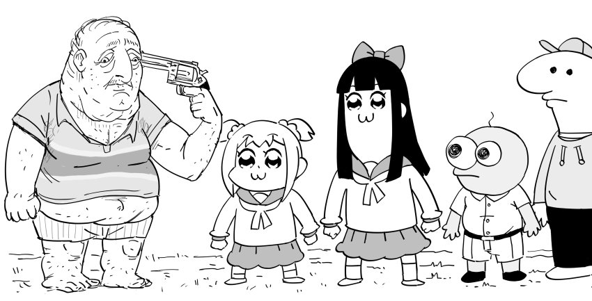 2girls, 3boys, :3, absurdres, arm_hair, arms_at_sides, bald, barefoot