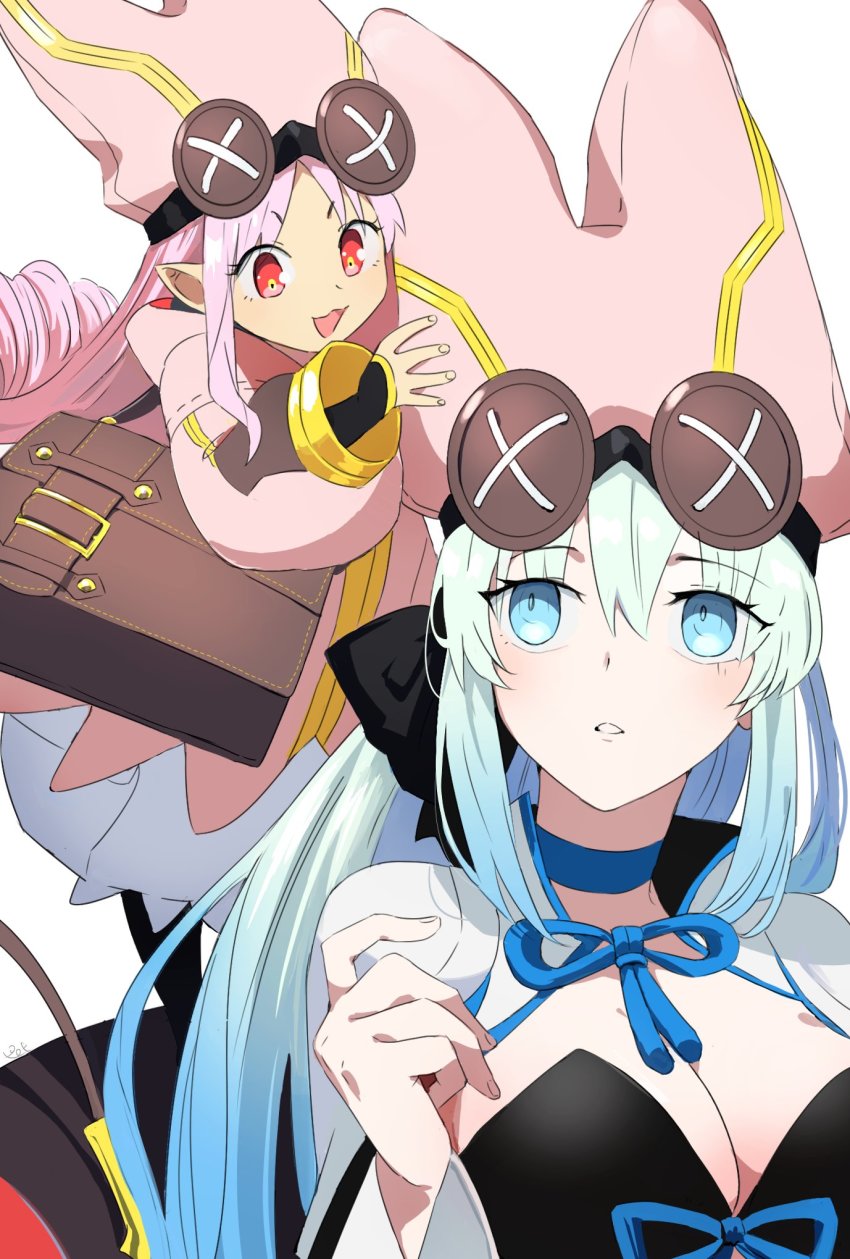 2girls, bag, blue_bow, blue_eyes, blush, bow, breasts, cleavage