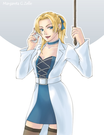 1girl, altostyle, blonde_hair, blue_eyes, choker, coat, female_focus, long_hair, margarete_gertrude_zelle, miniskirt, ponytail, shadow_hearts, skirt, solo, thighhighs, trench_coat, white_background