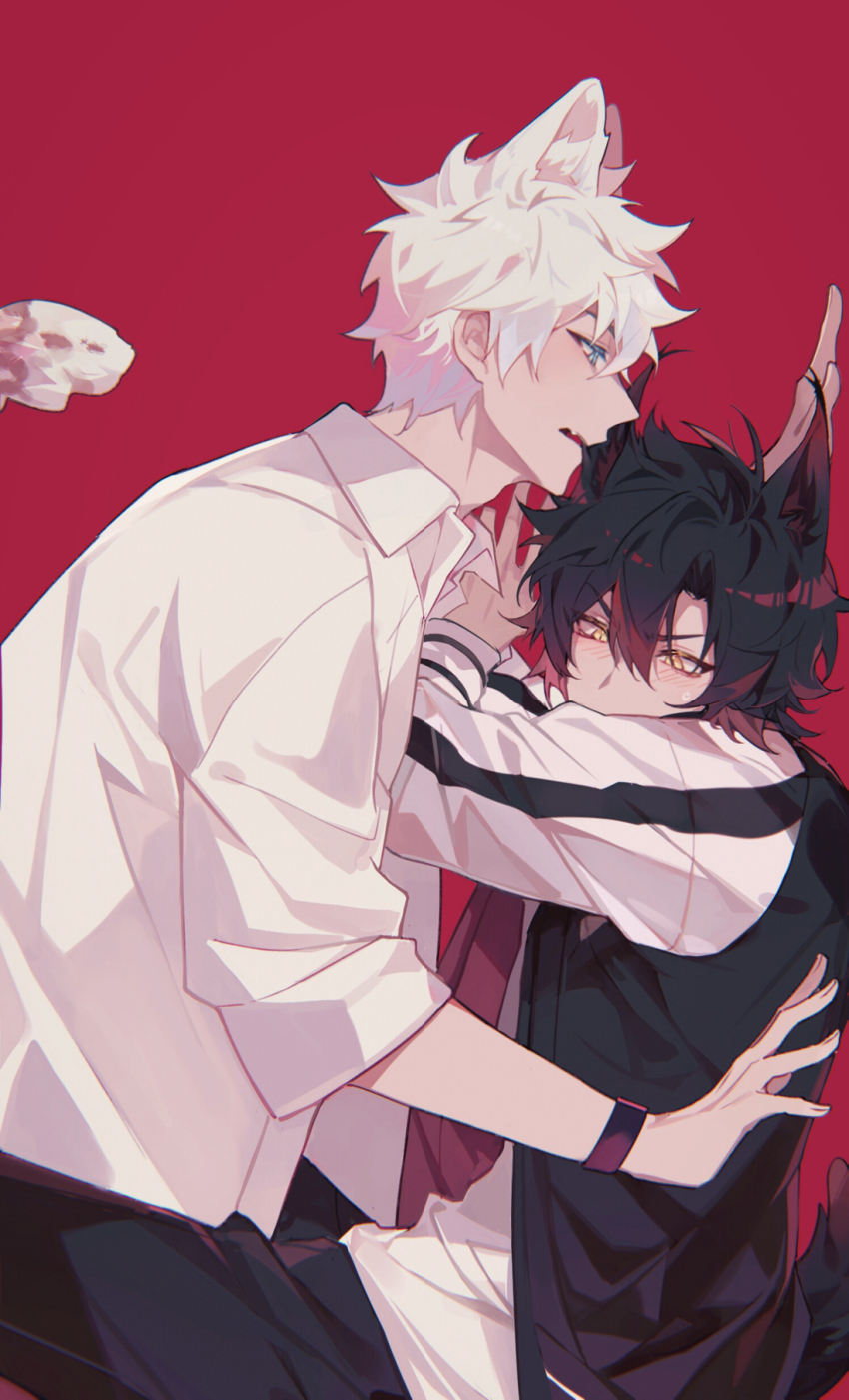 2boys, against_wall, animal_ears, black_hair, black_jacket, black_pants, blue_eyes, blush